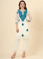 Georgette Sky Blue Festival Wear Lucknowi Chikankari Work Readymade Kurti Set